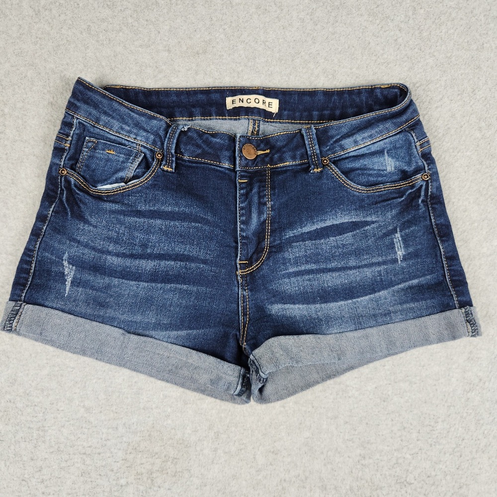 Encore‎ Jean Shorts Womens 9 Blue Denim Dark Wash Distressed Stretch Cuffed Hem